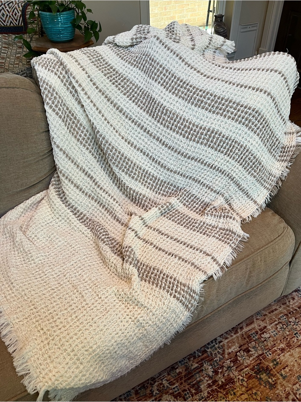 Porto Living Throw Blanket 100% Cotton Waffle Woven Portugal Neutral 72"x48"